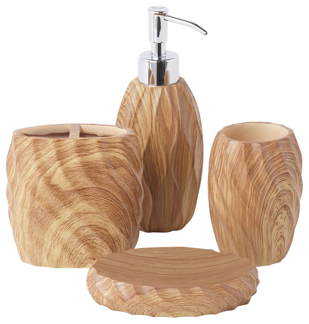 Wood Works 4 Piece Bath Accessory Set, Wooden Bathroom Accessories Sets