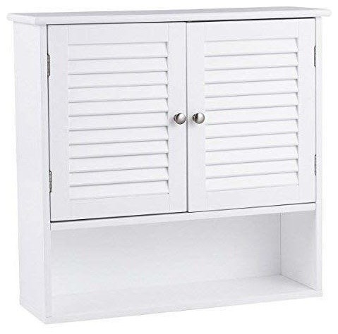 White Wall Mount Bathroom Cabinet with Louver Doors and Metal Knobs