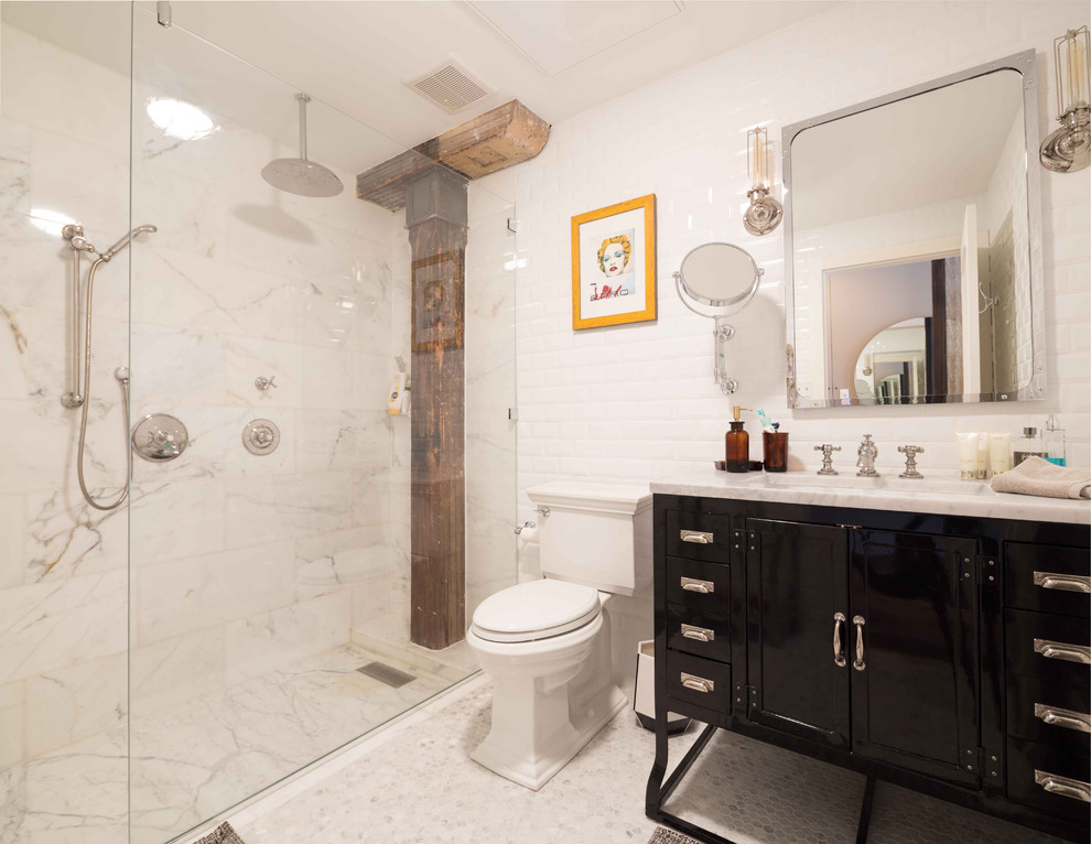 Inspiration for an industrial bathroom in New York with black cabinets, a curbless shower, white tile, subway tile, mosaic tile floors, an undermount sink, white floor, white benchtops and shaker cabinets.