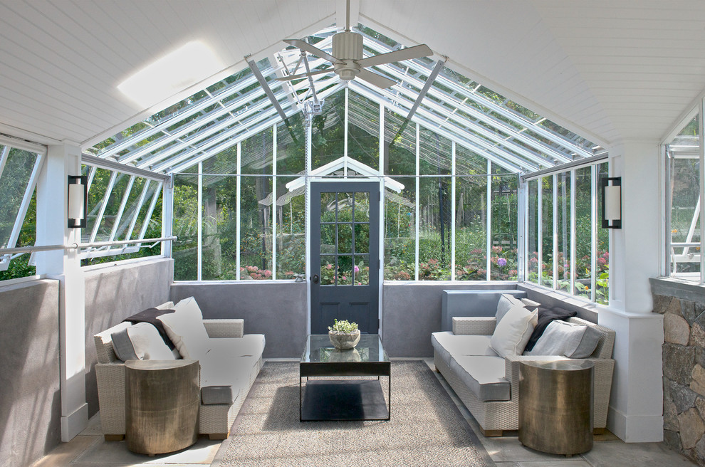 Design ideas for a contemporary sunroom in New York with a glass ceiling.