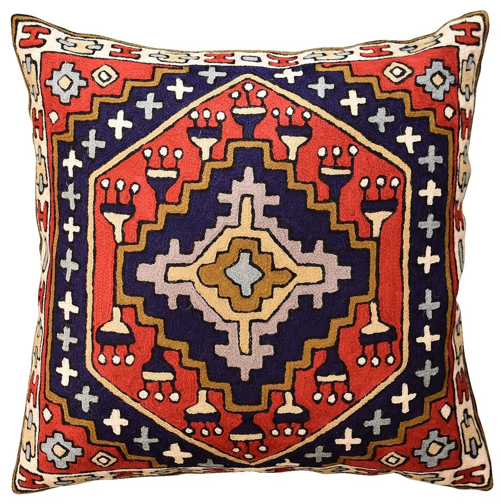 Tribal Kilim Aztec Red Navy II Pillow Cover Handembroidered Wool, 18x18"