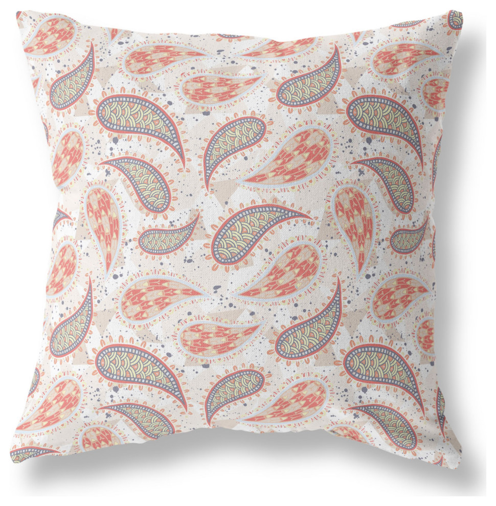 Paisley on Abstract Broadcloth Blown, Closed Pillow, Red Gold Beige