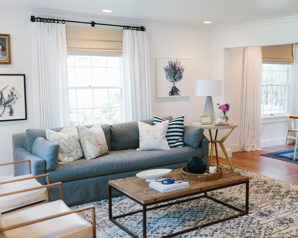 Family room - eclectic dark wood floor family room idea in Salt Lake City with white walls