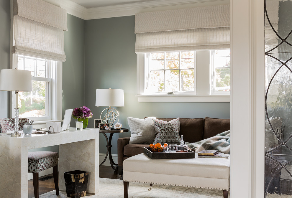 Inspiration for a small transitional freestanding desk dark wood floor study room remodel in Boston with no fireplace and gray walls