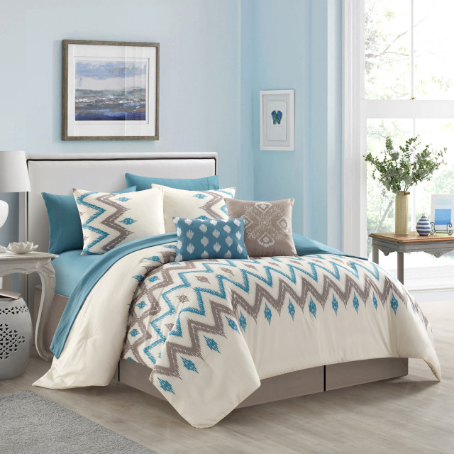 Cameron 10 Piece Comforter Bed in a Bag, Beige/Blue, Queen