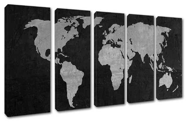 Matte Black And White World Map Canvas Print 5 Panel Split Wall Art