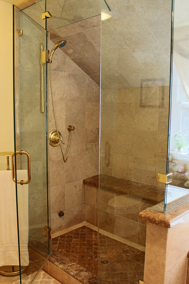 Photo of a large country bathroom in San Francisco with brown tile, yellow walls and with a sauna.
