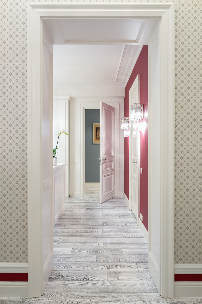 Design ideas for an eclectic vestibule in Moscow with porcelain floors and wallpaper.