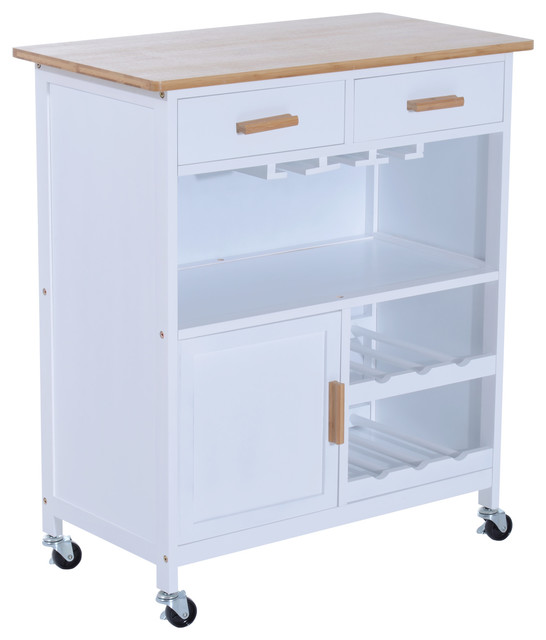 30 Bamboo Top Rolling Kitchen Trolley Serving Cart White