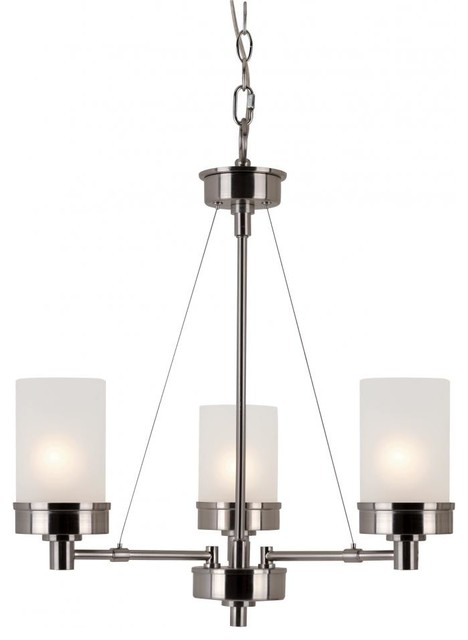 Three Light Brushed Nickel White Frosted Glass Up Chandelier