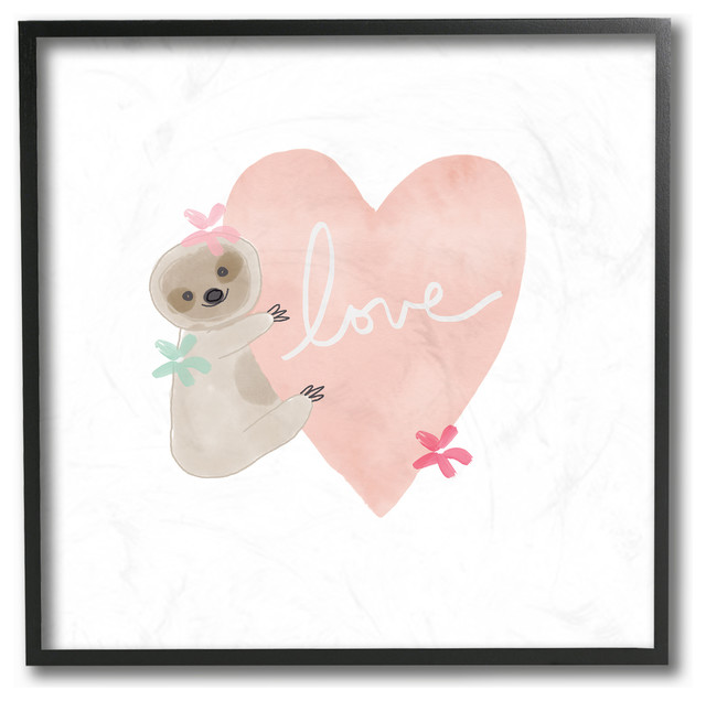 Pastel Sloth Love Hugging a Pink Heart with Flowers Framed Giclee, 12"x12"