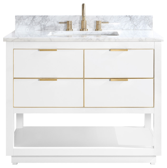 Avanity Allie 42 in. Vanity in White w/ Gold Trim and Carrara White Marble Top