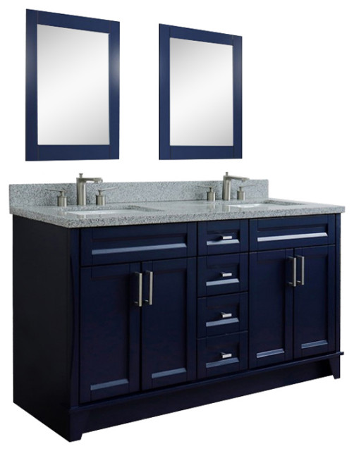 61" Double Sink Vanity, Blue Finish And Gray Granite And Rectangle Sink ...