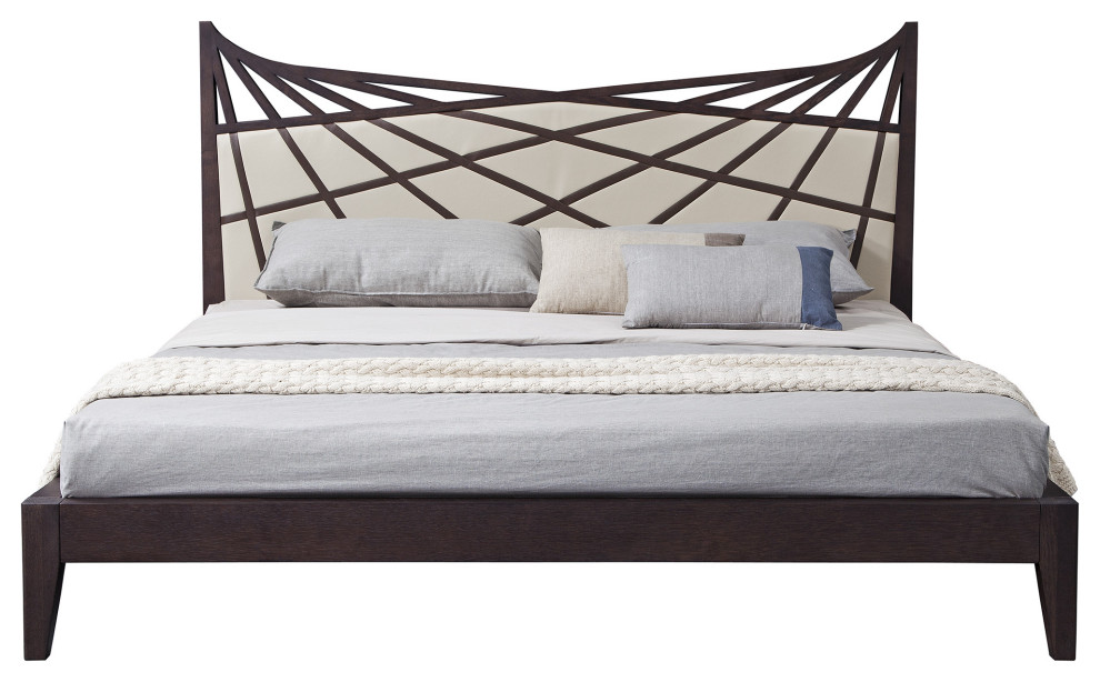 HomeRoots 47" Brown Veneer and Beige Bonded Leather Queen Bed