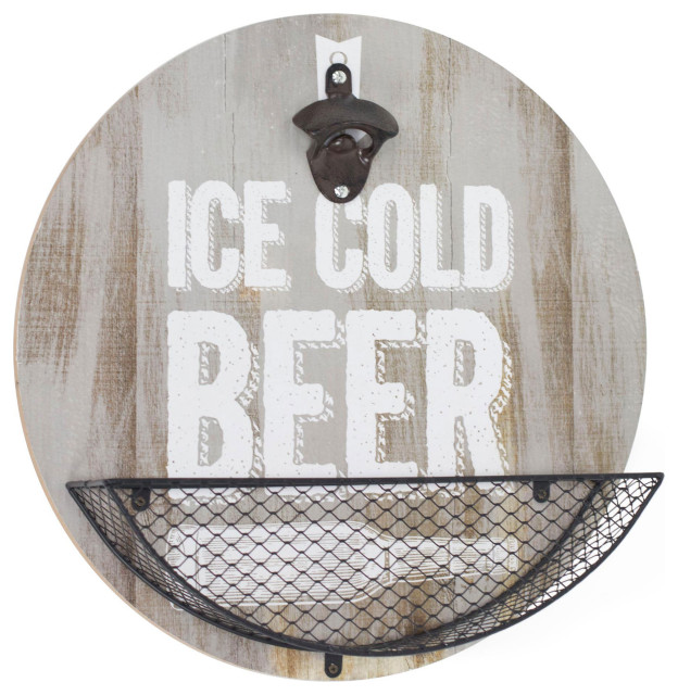 Wood-Textured 'Ice Cold Beer' Bottle Opener & Cap Catcher, 14"x14"