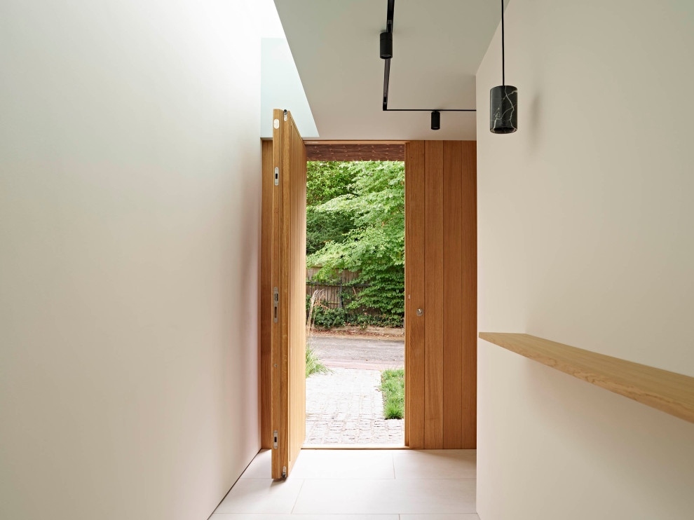 Стильный дизайн: входная дверь в современном стиле с поворотной входной дверью и входной дверью из дерева среднего тона - последний тренд