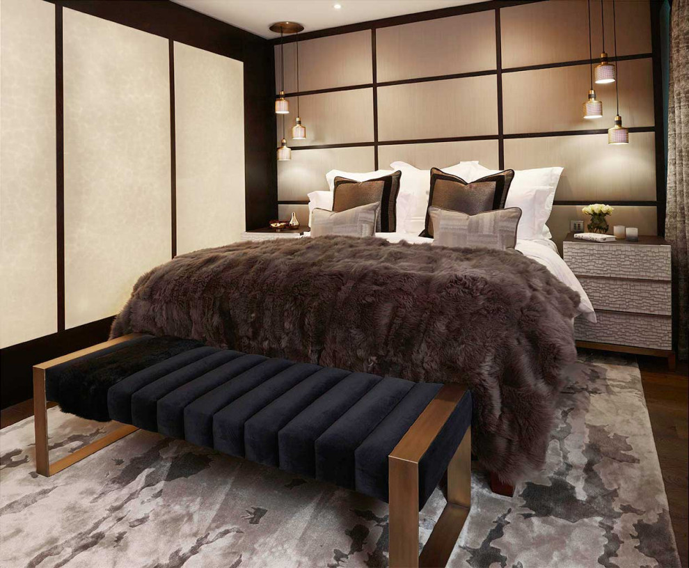 This is an example of a mid-sized asian master bedroom in London with beige walls, dark hardwood floors, brown floor and panelled walls.