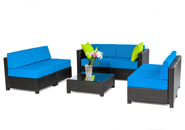MCombo 7PC Outdoor Garden Patio Rattan Wicker Furniture Sectional Sofa Blue