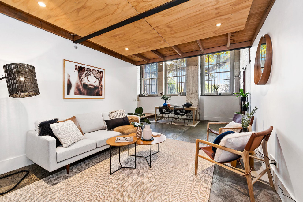 This is an example of an industrial living room in Melbourne with white walls, concrete floors, grey floor and wood.