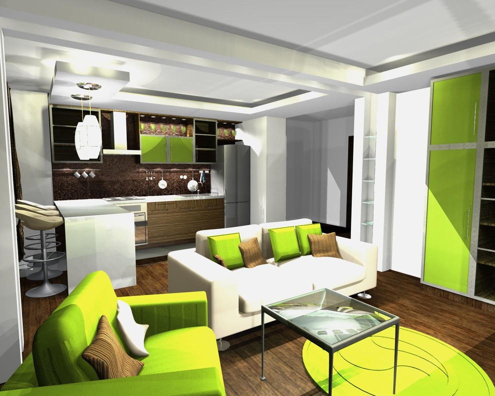 Единое пространство небольшой квартиры в 2-х вариантах