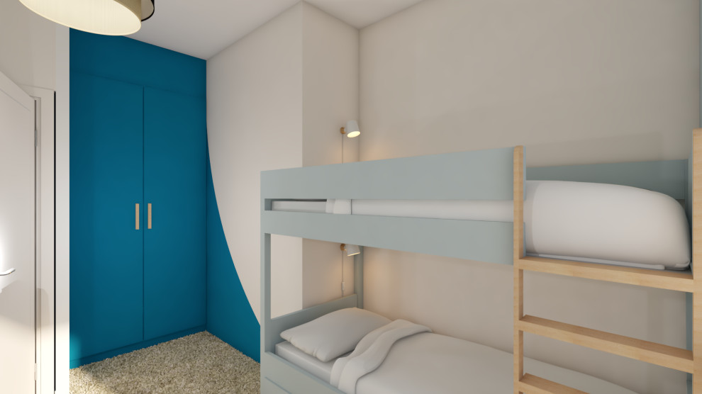 Idées déco pour une chambre d'enfant de 4 à 10 ans scandinave de taille moyenne avec un mur bleu, moquette, un sol beige et du papier peint.