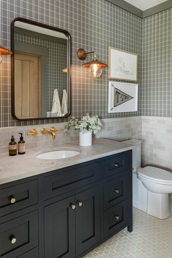Flint Hills - Transitional gray tile mosaic tile floor, beige floor, single-sink and wallpaper bathroom photo in Orange County with shaker cabinets, black cabinets, green walls, an undermount sink, gray countertops and a freestanding vanity