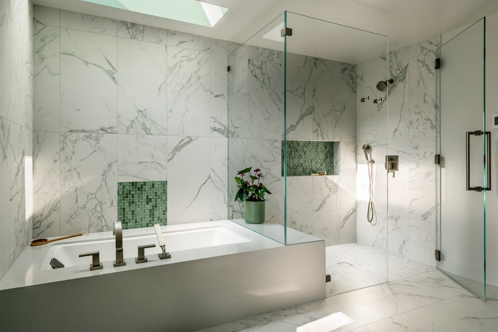 Walk-in shower - transitional white tile white floor walk-in shower idea in Seattle with an undermount tub, a hinged shower door and a niche