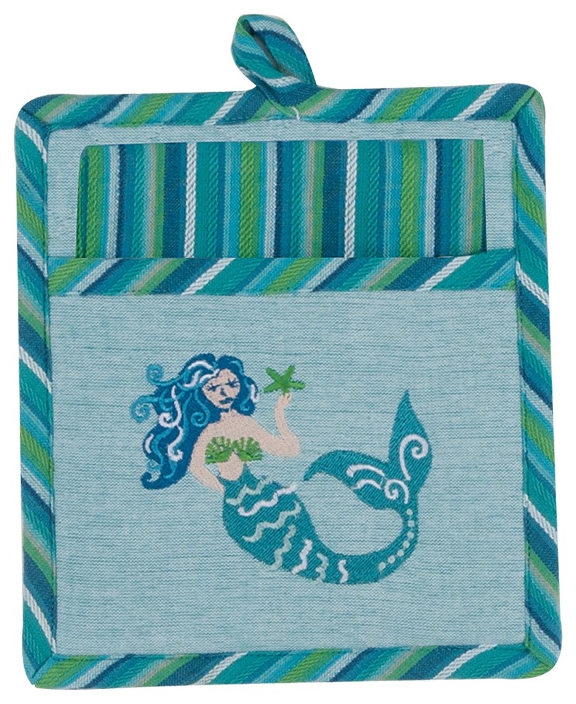 Mermaid Coastal Embroidered 2 Piece Pocket Mitt with Tea Towel Kitchen Gift Set