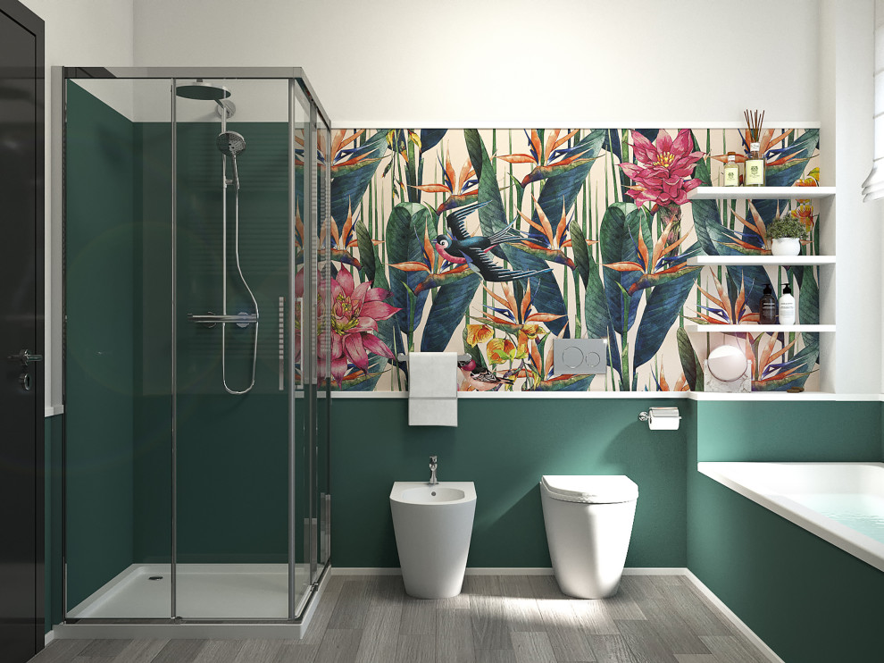 Photo of a small modern 3/4 bathroom in Milan with flat-panel cabinets, white cabinets, a drop-in tub, a corner shower, a one-piece toilet, green tile, green walls, linoleum floors, a drop-in sink, engineered quartz benchtops, beige floor, a sliding shower screen, white benchtops, a single vanity, a floating vanity and wallpaper.