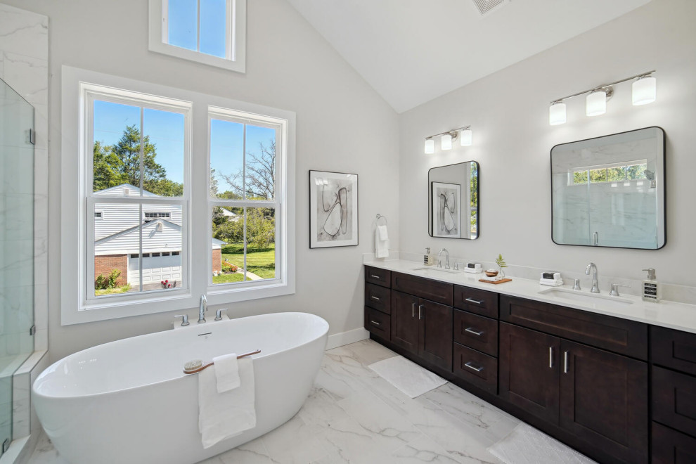 Inspiration for a large transitional master bathroom in DC Metro with shaker cabinets, brown cabinets, an undermount tub, a corner shower, engineered quartz benchtops, a hinged shower door, white benchtops, a double vanity, a built-in vanity and an enclosed toilet.