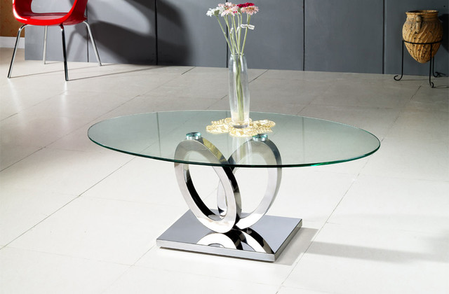 MODERN CLEAR GLASS AND CHROME OVAL COFFEE TABLE BARI