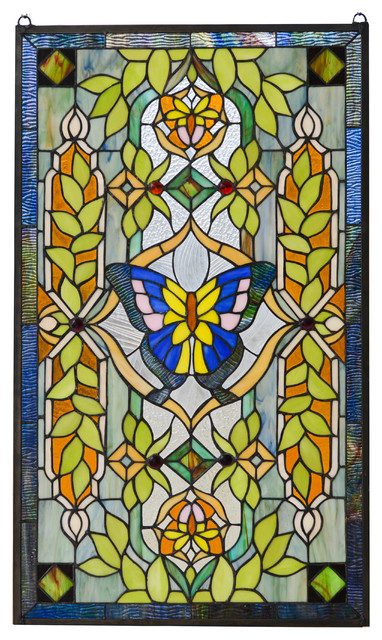 Handcrafted Stained Glass Window Panel Butterfly Flower 5 X34 75 Traditional Stained Glass Panels By Three Mountain International Inc Houzz