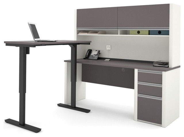 L-Desk With Hutch Including Electric Adjustable Table