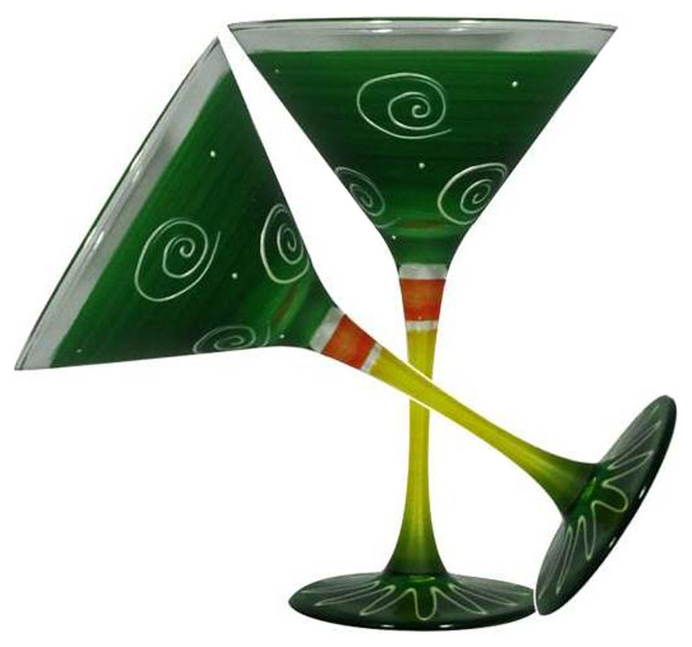 Frosted Curl Dark Green Martini Glasses, Set of 2 Contemporary