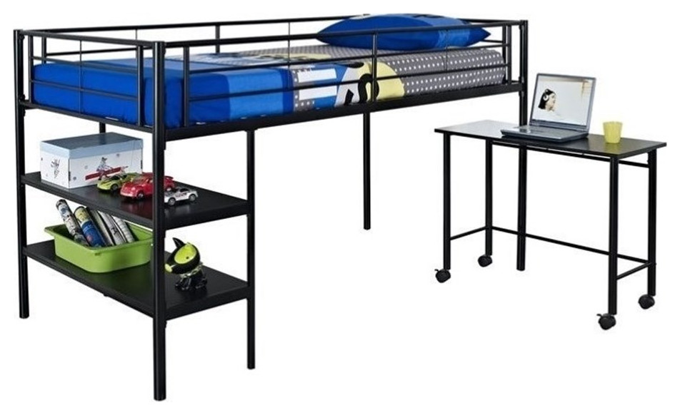 Pemberly Row Modern Metal Twin Loft Bed with Desk and Shelves in Black