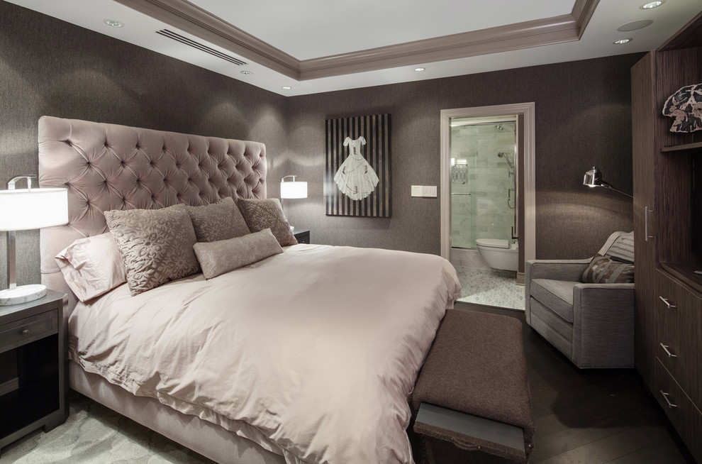 Bedroom - large transitional master carpeted and gray floor bedroom idea in Chicago with gray walls and no fireplace