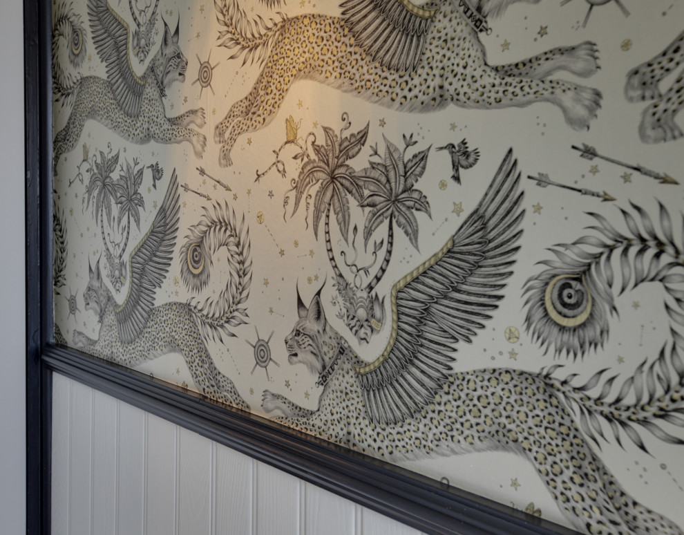 Inspiration for a large contemporary wallpaper great room remodel in Essex with gray walls