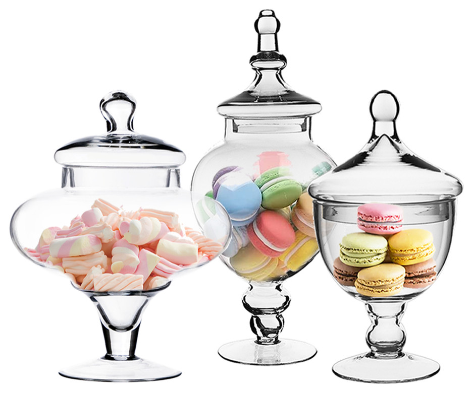 Glass Apothecary Jar Candy Buffet Set 10"X8  9.5"X6" 14.75"X6.5" Combo Set