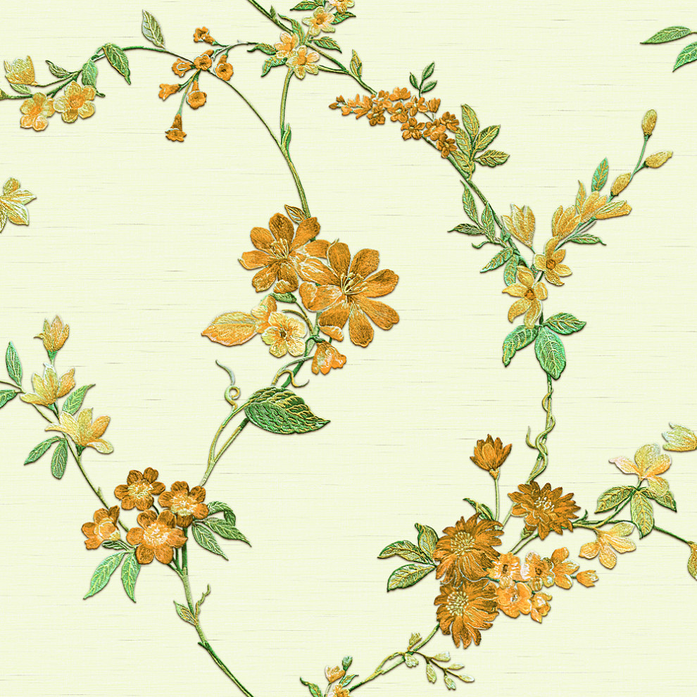 Geometric Textured Wallpaper With Petals, Green Orange Yellow, 1 Roll