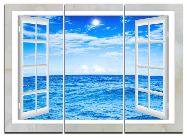 "Window Open to Blue Wavy Ocean" Canvas Art, 3 Panels, 36"x28"