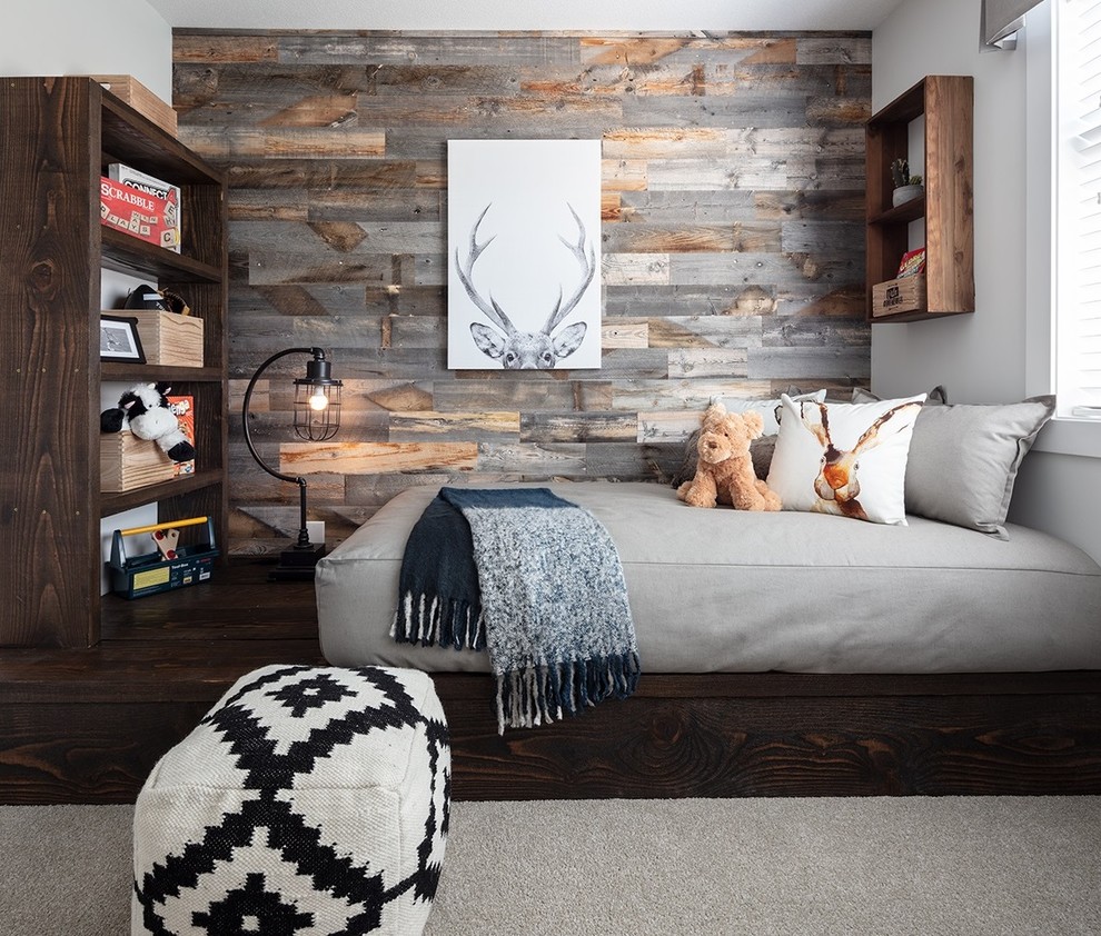 Inspiration for a bedroom and small country boy carpeted and gray floor kids' bedroom remodel in Vancouver with white walls