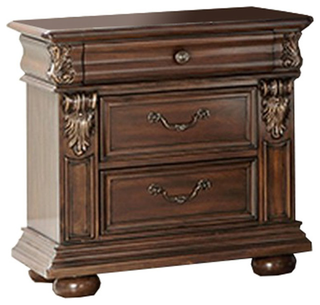 Benjara 17" 3drawer Wood Nightstand with Molded and Carved Details in