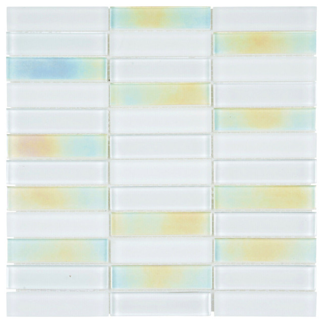 white iridescent tile backsplash