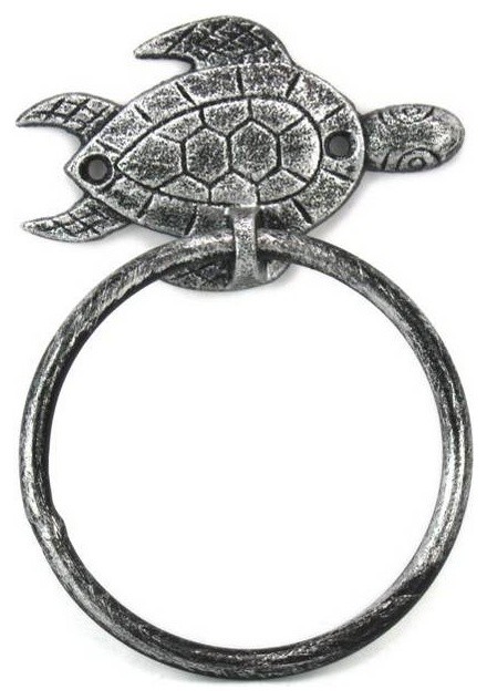 Antique Silver Cast Iron Sea Turtle Towel Holder 7'', Sea Turtle Decoration
