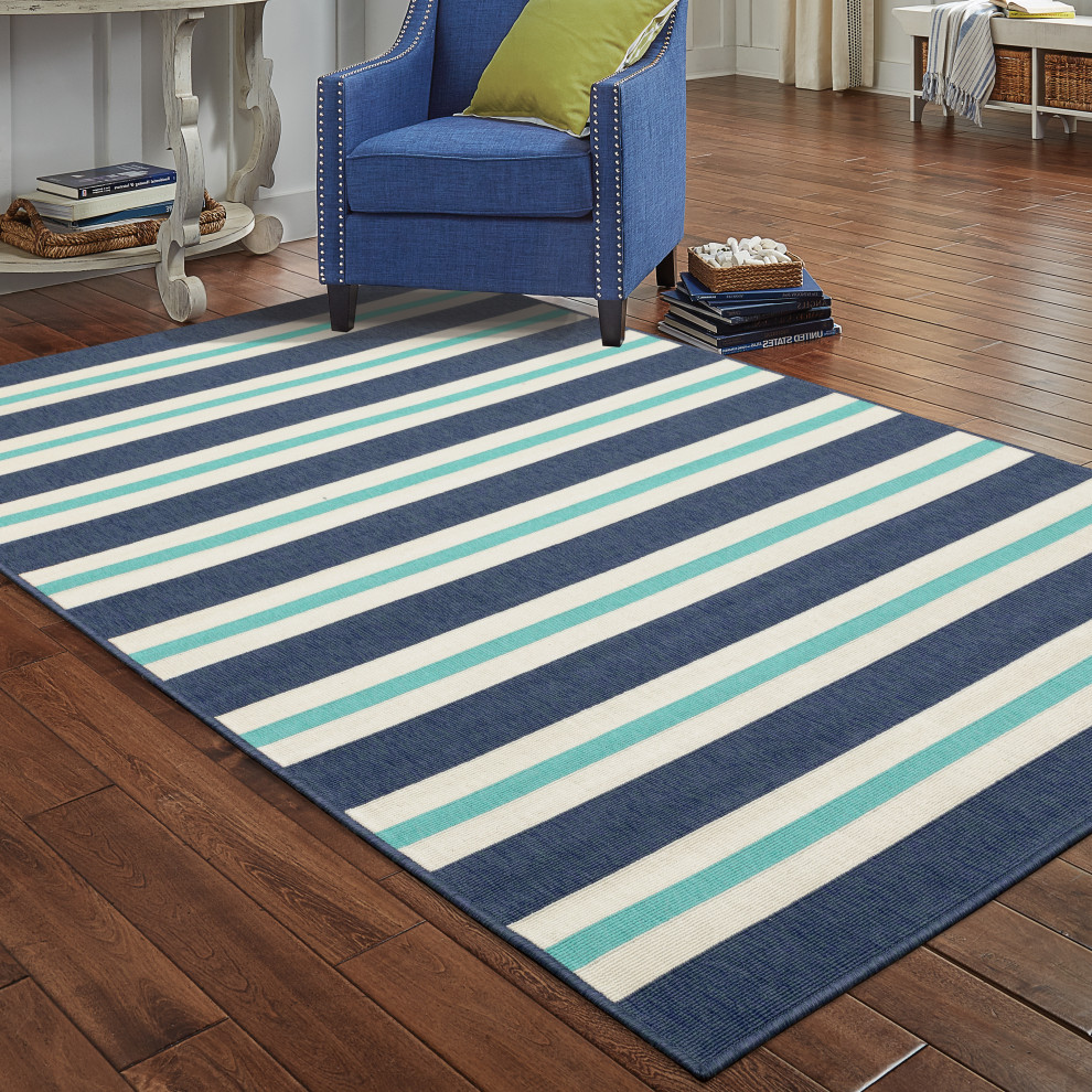 Madelina Stripe Blue and Ivory Indoor or Outdoor Area Rug, 5'3"x7'6"