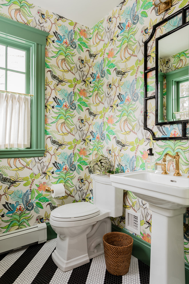 Example of a transitional mosaic tile floor and multicolored floor powder room design in Boston with a one-piece toilet, multicolored walls and a pedestal sink