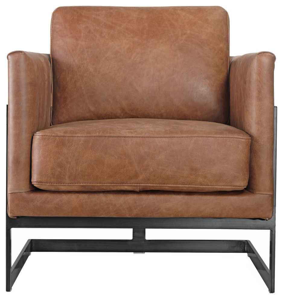 Luxley Brown Tan Top Grain Leather Club Chair Metal Frame Modern Style