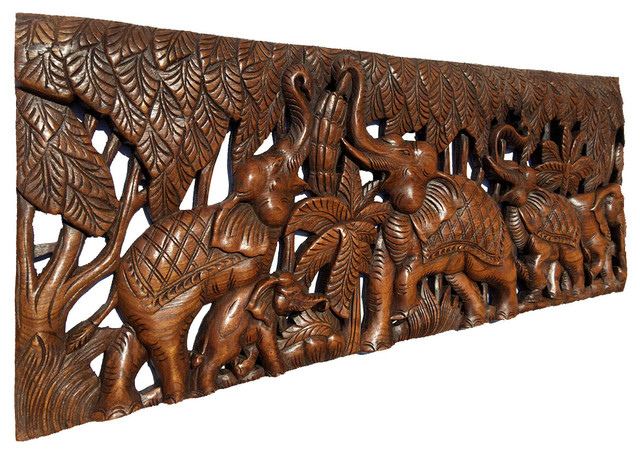Elephants In Forest Wood Carved Wall Panel Tropical Asiana Home Elephants In Forest Wood Carved Wall Panel Tropical Asiana Home Decor