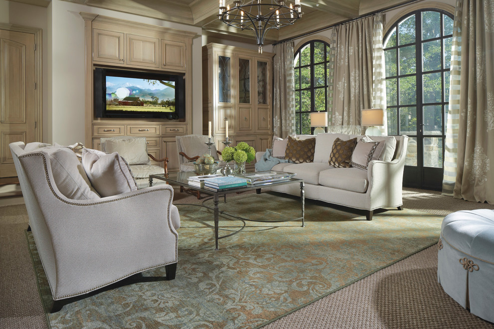 Inspiration for a large transitional formal enclosed living room in Indianapolis with white walls, carpet, no fireplace and a built-in media wall.