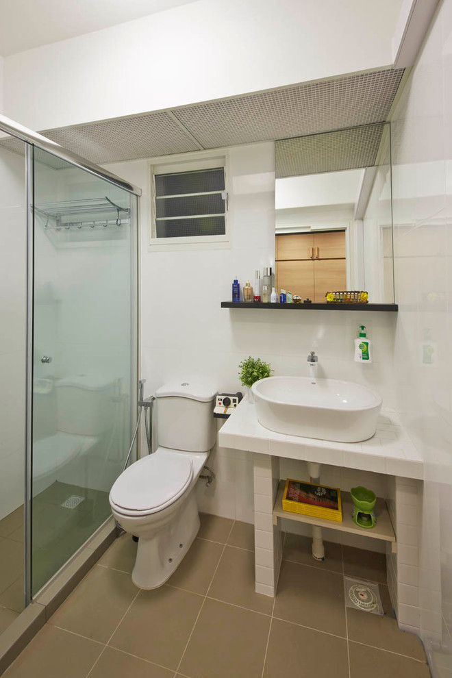 Design ideas for a mid-sized scandinavian 3/4 bathroom in Singapore with open cabinets, beige cabinets, an open shower, a one-piece toilet, beige tile, ceramic tile, white walls, ceramic floors, a drop-in sink and zinc benchtops.